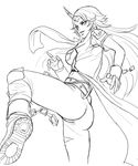  ass banned_artist boots breasts greyscale horn hoshiguma_yuugi kicking knee_pads large_breasts long_hair monochrome pants scarf sketch solo touhou yinan_cui 