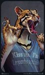  ambiguous_gender clothing english_text feline floss kamui_(artist) mammal ocelot open_mouth shirt solo text tongue tongue_out whiskers 