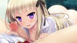  1girl bangs blonde_hair blush breasts censored collarbone game_cg hair_ribbon handjob hello_lady hetero imageboard_sample jpeg_artifacts long_hair looking_at_viewer mosaic_censoring nipples penis purple_eyes ribbon saeki_hokuto small_breasts smile solo_focus sweat takazaki_eru 