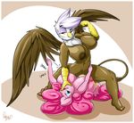  2015 anthro anthrofied areola avian big_breasts blue_eyes breasts duo earth_pony equine female female/female friendship_is_magic gilda_(mlp) gryphon hair horse huge_breasts long_hair looking_at_viewer lying mammal my_little_pony nipples nude on_back pink_hair pinkie_pie_(mlp) pony pussy sanders 