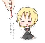  =_= blonde_hair blush chibi commentary_request dress fang hana_kazari necktie open_mouth ribbon rumia short_hair solo_focus touhou translated trembling 