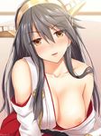  antennae bare_shoulders black_hair blush breasts brown_eyes cleavage collarbone come_hither detached_sleeves hair_ornament haruna_(kantai_collection) head_tilt kanden_suki kantai_collection large_breasts long_hair looking_at_viewer nipples no_bra off_shoulder revision smile solo 