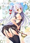  amatsukaze_(kantai_collection) ass babydoll black_panties blush breasts brown_eyes covered_nipples cutlass_(sword) flower garter_straps kantai_collection long_hair nipples open_mouth panties see-through sheath sheathed silver_hair small_breasts solo thighhighs topless two_side_up underwear yurina 