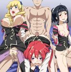  3girls ass blonde_hair blue_eyes buttjob cum gradient gradient_background group_sex kakumeiki_valvrave long_hair multiple_boys multiple_girls ninomiya_takahi nobi_marie orgy penis ponytail purple_eyes red_hair renboukouji_akira rubbing vaginal 