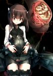  bike_shorts black_legwear blush brown_eyes brown_hair creature_inside cross-section flat_chest headband headgear highres hitomaru kantai_collection parasite pleated_skirt pregnant puffy_cheeks short_hair skirt solo taihou_(kantai_collection) tears tentacles thighhighs 