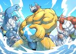  abs biceps big_muscles bulge cephalopod clothed clothing digimon exveemon group growlmon half-dressed horn male marine muscles outside pecs sea speedo squid swimsuit takataka topless wargreymon water wet wings 