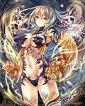  armor breasts brown_eyes center_opening clenched_hand company_name cowboy_shot eikou_no_guardian_battle floating_hair gauntlets groin head_wings highres large_breasts long_hair looking_at_viewer madogawa navel official_art revealing_clothes shield silver_hair solo standing very_long_hair wind 