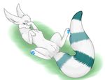  2015 anus arctic_wolf blush canine female feral fluffy_tail fur grass hybrid kyoushiro long_tail lumi_(snowyzi) lying mammal on_back pawpads paws pussy ringtailed_cat shy simple_background solo spread_legs spreading teal_eyes teal_fur teal_stripes white_background white_fur wolf 