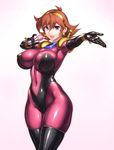  :d armor armpits bangs blue_eyes blush bodysuit bracer breasts brown_hair covered_navel covered_nipples cowboy_shot dutch_angle earrings flipped_hair from_side g_gundam gloves grey_background gundam gundam_build_fighters hair_between_eyes hairband happy holding impossible_bodysuit impossible_clothes jewelry large_breasts looking_at_viewer microphone mobile_trace_suit music navel neck_ring open_mouth outstretched_arm pauldrons pink_bodysuit rain_mikamura rindou_(radical_dream) shiny shiny_clothes short_hair simple_background singing skin_tight smile solo thighs wide_hips 