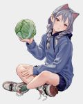  1girl animal_ears arm_up arms_between_legs artist_name blue_jacket blue_skirt blush braid brown_eyes cabbage cat_ears closed_mouth commentary drawstring extra_ears feiqizi_(fkey) fkey full_body green_legwear grey_hair hair_over_shoulder highres holding holding_vegetable hood hooded_jacket indian_style jacket long_hair long_sleeves looking_at_viewer low_twin_braids original shoes sitting skirt sneakers socks solo twin_braids 