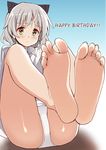  :c animal_ears bad_id bad_twitter_id bangs barefoot blush cat_ears feet frown glastonbury1966 gradient gradient_background green_eyes happy_birthday highres legs_up long_sleeves panties sanya_v_litvyak shadow shirt short_hair silver_hair sitting soles solo strike_witches toenails toes underwear white_panties white_shirt world_witches_series 
