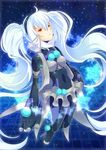  absurdres breasts full_body gunslinger_stratos hair_between_eyes hairband half-closed_eyes high_collar highres long_hair miniskirt neon_trim no_feet robot_joints see-through skirt small_breasts solo star starry_background toppema_mapetto twintails white_hair xi-988 