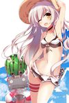  ;d adapted_costume alternate_hairstyle amatsukaze_(kantai_collection) armpits bikini brown_eyes food fruit fuuna hair_down hat highres innertube kantai_collection long_hair one_eye_closed open_mouth rensouhou-kun silver_hair smile solo striped sun_hat swimsuit two_side_up watermelon 