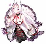  babydoll boba breasts choker cleavage closers heart horns large_breasts lavender_hair levia_(closers) long_hair looking_at_viewer ofuda pants pointy_ears purple_eyes red_ribbon ribbon ribbon_trim smile solo spaghetti_strap sparkle 
