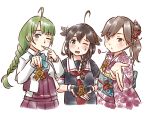  3girls ahoge alternate_costume alternate_hairstyle arashio_(kantai_collection) black_gloves black_hair black_serafuku blue_eyes bow bowtie braid brown_eyes brown_hair dress eyebrows_visible_through_hair finger_to_mouth fingerless_gloves flower furisode gloves green_hair hair_flaps hair_flower hair_ornament hair_over_shoulder halterneck heart japanese_clothes kantai_collection karasu_(naoshow357) kimono long_hair looking_at_viewer medal mole mole_under_mouth multiple_girls obi one_eye_closed remodel_(kantai_collection) sash school_uniform serafuku shigure_(kantai_collection) shirt simple_background single_braid upper_body very_long_hair white_background white_shirt yuugumo_(kantai_collection) 