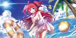  ;d ahoge ball bare_legs beachball bison_cangshu blue_eyes blush commentary_request dress hair_ribbon highres innertube long_hair looking_at_viewer ocean one_eye_closed open_mouth palm_tree red_hair ribbon rubber_duck smile solo splashing tree twintails two_side_up water white_dress 