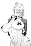  areolae blush bottomless breasts erect_nipples female glasses hair_bun huge_breasts jacket kangoku_gakuen lipstick looking_at_viewer makeup monochrome motchie navel no_panties open_clothes open_mouth prison_school school_uniform shiraki_meiko simple_background solo stomach tape white_background 