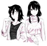  2girls 3: alternate_hairstyle bags_under_eyes cardigan casual commentary_request d: jewelry kuroki_tomoko low_twintails multiple_girls older open_cardigan open_clothes open_mouth orikuchi_hirata ribbed_sweater ring shirt simple_background striped striped_shirt sweater tamura_yuri turtleneck turtleneck_sweater twintails watashi_ga_motenai_no_wa_dou_kangaetemo_omaera_ga_warui! white_background 