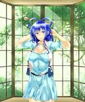  arms_behind_head arms_up blue_eyes blue_hair blush breasts dress hair_ornament hair_rings hair_stick highres kaku_seiga large_breasts looking_at_viewer short_hair smile solo takamichis211 touhou vest 