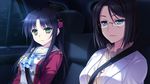  bangs black_hair car flower game_cg glasses green_eyes ground_vehicle hair_flower hair_ornament hairclip hello_lady imageboard_sample jpeg_artifacts long_hair looking_at_viewer motor_vehicle multiple_girls night otonashi_saku parted_bangs saeki_hokuto seatbelt short_hair swept_bangs yomise_tokino 