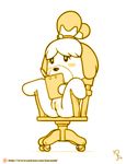  2015 animal_crossing anthro bell blush butt canine chair clipboard clitoris cute dog female fur hair isabelle_(animal_crossing) joe_randel mammal monochrome nintendo nude pussy simple_background sitting solo spread_legs spreading video_games white_background writing 
