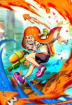  artist_name ass bangs bike_shorts domino_mask genzoman ink_tank_(splatoon) inkling long_hair mask orange_eyes orange_hair paint paint_splatter pointy_ears shoes solo splatoon_(series) splatoon_1 splattershot_(splatoon) super_soaker tentacle_hair water_gun 