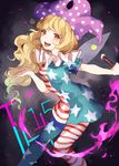  american_flag_dress american_flag_legwear blonde_hair clownpiece curly_hair hat hillly_(maiwetea) jester_cap legacy_of_lunatic_kingdom long_hair open_mouth orange_eyes pantyhose short_sleeves solo striped striped_legwear tongue tongue_out touhou 