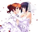  :d bare_shoulders black_hair blush bridal_veil bride brown_eyes brown_hair carrying dress elbow_gloves formal gloves groom hibike!_euphonium highres kousaka_reina long_hair looking_at_another mizuki_(mizuki_ame) multiple_girls open_mouth oumae_kumiko petals princess_carry purple_eyes short_hair short_ponytail smile suit veil wavy_hair wedding wedding_dress wife_and_wife yuri 