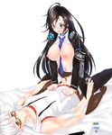  1girl absurdres armband bad_id bad_pixiv_id bandages bandaid bare_shoulders between_breasts black_eyes black_hair black_legwear blood blood_on_face blue_eyes blush breasts closers collar collarbone cowgirl_position cum cum_in_pussy fang hair_ornament hairclip hetero highres j_(closers) jewelry large_breasts long_hair looking_at_another looking_at_viewer lying narynn necktie necktie_between_breasts on_back open_clothes open_mouth open_shirt pantyhose ring sex shirt short_hair silver_hair smile straddling sunglasses sweat torn_clothes torn_legwear vaginal yuri_seo 