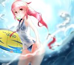  adapted_costume bad_id bad_pixiv_id blurry boruhis bubble_blowing chewing_gum cowboy_shot day depth_of_field hair_ornament highres i-168_(kantai_collection) kantai_collection long_hair looking_at_viewer ponytail red_eyes red_hair sailor_collar school_swimsuit sky solo surfboard swimsuit swimsuit_under_clothes wading wet wet_clothes 