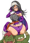  1girl 2boys artist_request ass black_hair blush boots breasts cape dagger dragon_quest dragon_quest_x dwarf_(dq10) earrings elbow_gloves erect_nipples eyes_closed fat_mons from_behind glasses gloves green_eyes green_skin headband holster huge_ass jewelry long_hair looking_at_viewer multiple_boys ogre open_mouth panties purple_legwear purple_panties red_hair runana_(dq10) shijima_(pixiv1182172) shiny shiny_clothes shiny_skin simple_background sitting sitting_on_person smile thigh_boots thighhighs underwear weapon white_background 