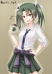  1girl alternate_costume anti_(untea9) brown_background clothes_around_waist coffee_cup commentary_request cup disposable_cup drinking_straw error_musume furrowed_eyebrows green_hair highres kantai_collection necktie open_mouth school_uniform shirt simple_background skirt sleeves_pushed_up solo sweat sweater_around_waist twintails twitter_username white_shirt zuikaku_(kantai_collection) 