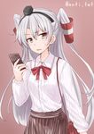  alternate_costume amatsukaze_(kantai_collection) anti_(untea9) bag bow brown_eyes casual cellphone commentary_request contemporary dress_shirt hair_tubes hairband half_updo handbag kantai_collection long_hair long_sleeves phone red_background red_bow red_ribbon ribbed_shirt ribbon shirt silver_hair simple_background skirt smartphone solo striped sweatdrop twitter_username two_side_up vertical-striped_skirt vertical_stripes 