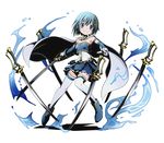  ankle_boots blue_eyes blue_footwear blue_hair boots breasts cape cleavage cutlass_(sword) divine_gate fortissimo fortissimo_hair_ornament full_body gloves hair_ornament hairclip magical_girl mahou_shoujo_madoka_magica mahou_shoujo_madoka_magica_movie miki_sayaka multiple_swords official_art short_hair small_breasts smile solo sword thighhighs transparent_background ucmm water weapon white_gloves white_legwear 