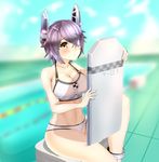  :&lt; bad_id bad_pixiv_id bikini blurry boruhis breasts brown_eyes cleavage depth_of_field eyepatch headgear highres kantai_collection large_breasts looking_at_viewer navel pool purple_hair short_hair sitting smile solo swimsuit tenryuu_(kantai_collection) 