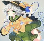  bow green_eyes hat hat_bow heart heart_of_string highres komeiji_koishi long_sleeves looking_at_viewer paragasu_(parags112) shirt silver_hair skirt smile solo third_eye touhou wide_sleeves 