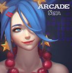  arcade_sona blue_eyes blue_hair cjh123456 earrings hair_ornament hairclip jewelry league_of_legends necklace smile solo sona_buvelle 