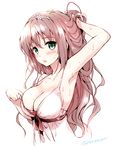  arm_up armpits blush breasts brown_hair character_request cleavage copyright_request dress green_eyes hairband halterneck hand_in_hair kurimomo large_breasts long_hair looking_at_viewer monochrome simple_background solo spot_color strap_gap tiara tongue tongue_out twitter_username upper_body wet 
