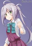 :&lt; ahoge anti_(untea9) asashimo_(kantai_collection) blush clenched_hand closed_mouth commentary_request green_eyes kantai_collection ponytail purple_background silver_hair simple_background solo twitter_username v-shaped_eyebrows 
