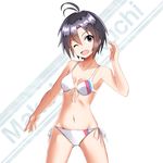  ;d antenna_hair ass_visible_through_thighs bad_id bad_pixiv_id bikini black_eyes black_hair front-tie_top idolmaster idolmaster_(classic) kikuchi_makoto navel ns.x one_eye_closed open_mouth short_hair side-tie_bikini smile solo standing swimsuit 