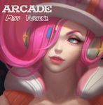 alternate_costume arcade_miss_fortune blue_eyes cjh123456 colossus_girls hat headphones league_of_legends pink_hair sarah_fortune solo 