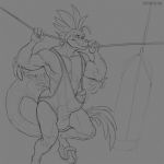  anthro bulge clothing dinosaur erection erection_under_clothes greyscale knot male monochrome muscular muscular_male raptor reptile scalie sketch solo spiritraptor standing theropod tight_clothing 