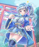  blue_legwear blue_skirt bow breasts cleavage copyright_name hat_ornament headband long_hair looking_at_viewer medium_breasts multiple_torii nisehuji official_art outstretched_hand pink_eyes ponytail ribbon senjou_no_electro_girl silver_hair skirt solo thighhighs torii 