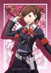  armband belt bow bowtie brown_hair collared_shirt daniel_macgregor evoker female_protagonist_(persona_3) gun hair_ornament hairclip handgun headphones holster md5_mismatch media_player persona persona_3 persona_3_portable pistol pleated_skirt polearm red_eyes school_uniform shin_megami_tensei shirt short_hair skirt smile solo weapon 