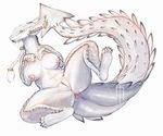  anthro anus areola avoid_posting big_breasts breasts dragon ear_piercing female hair hand_on_breast long_hair navel nipples piercing ponytail pussy simple_background solo taihab white_haire 