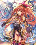  :d blush bracelet breasts brown_hair confetti demon_tail eikou_no_guardian_battle feathered_wings gloves highres jewelry lace-trimmed_legwear large_breasts long_hair madogawa navel official_art open_mouth pointy_ears ponytail red_eyes ring smile solo tail thighhighs wings 