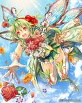  blush eikou_no_guardian_battle fairy fairy_wings flower flying green_hair highres madogawa official_art open_mouth red_eyes solo tears thighhighs wings 