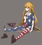  after_rape alternate_legwear american_flag_dress american_flag_legwear bad_id bad_pixiv_id blonde_hair breast_slip breasts clownpiece cum cum_in_mouth cum_in_pussy empty_eyes grey_background hat hat_removed headwear_removed highres jester_cap long_hair nipples one_breast_out red_eyes shoes shoes_removed single_shoe sitting small_breasts solo striped striped_legwear tears thighhighs torn_clothes touhou unitsu very_long_hair 