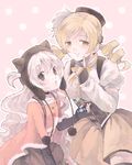  animal_ears beanie beret blonde_hair brown_legwear bubble_skirt capelet corset detached_sleeves drawr drill_hair fake_animal_ears feather_beret fingerless_gloves fur_trim gloves hair_ornament hairpin hat johnny_(nana) long_hair magical_girl mahou_shoujo_madoka_magica mahou_shoujo_madoka_magica_movie momoe_nagisa multicolored multicolored_eyes multiple_girls pleated_skirt polka_dot polka_dot_background pom_pom_(clothes) puffy_sleeves ringed_eyes skirt smile suspenders thighhighs tomoe_mami twin_drills twintails two_side_up white_hair wrapped_candy yellow_eyes 