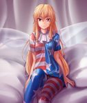  american_flag_dress american_flag_legwear arms_at_sides bangs bed_sheet blonde_hair breasts clownpiece eyebrows fairy_wings flag_print frilled_shirt_collar frills hater_(hatater) highres long_hair looking_at_viewer medium_breasts neck_ruff no_hat no_headwear older pantyhose pink_eyes print_legwear print_shirt shirt short_sleeves smile solo star star_print striped striped_legwear striped_shirt touhou very_long_hair wings 